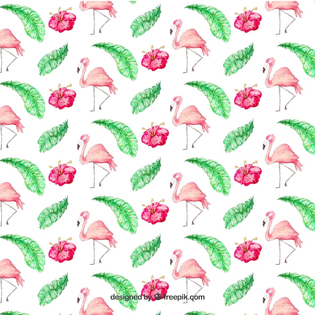 Free vector flamingos pattern with plants in watercolor style