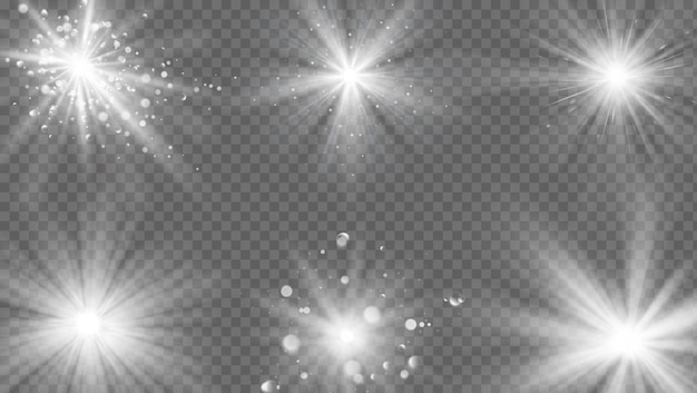 Flares and rays effect. white light burst, star sparkle. magic starburst beam with glitter, realistic sun glow vector isolated set on transparent. glowing explosion, bright shining effect