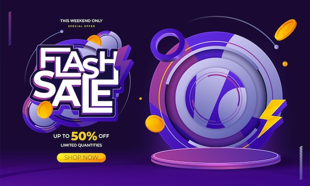 Flash sale promo banner template with podium and flying discount label sale and discount background