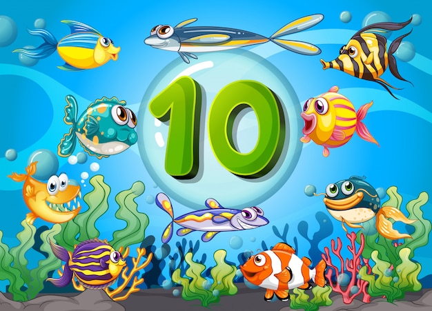 Flashcard numero dieci con 10 pesci sott'acqua