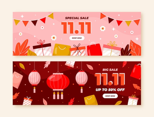 Set di banner di vendita del giorno dello shopping piatto 11.11