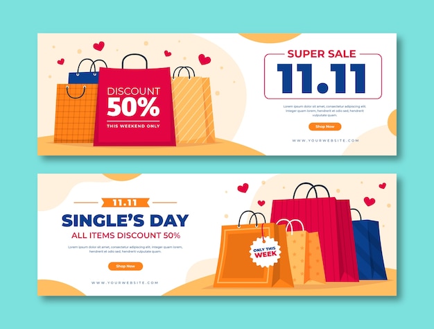 Vettore gratuito set di banner di vendita del giorno dello shopping piatto 11.11