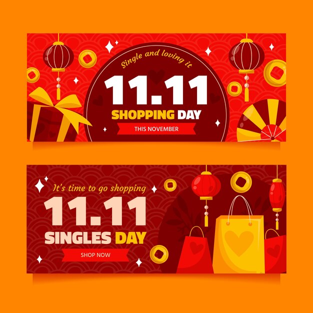 Flat 11.11 singles' day horizontal banners set