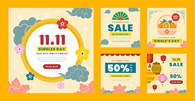 Free vector flat 11.11 singles' day instagram posts collection