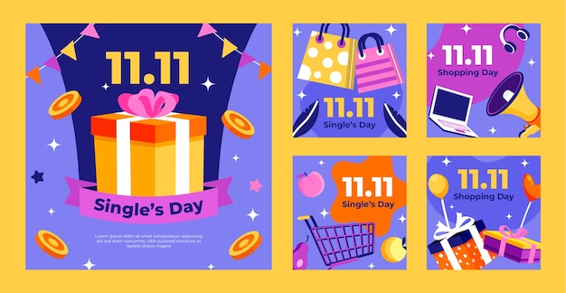 Vettore gratuito collezione di post instagram per single 11.11 piatta