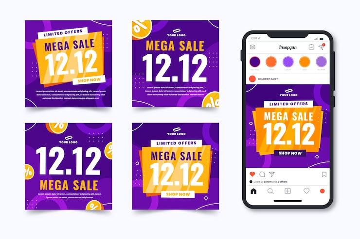 Free Vector flat 12.12 sale social media posts collection