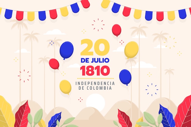 Flat 20 de julio background with balloons and bunting