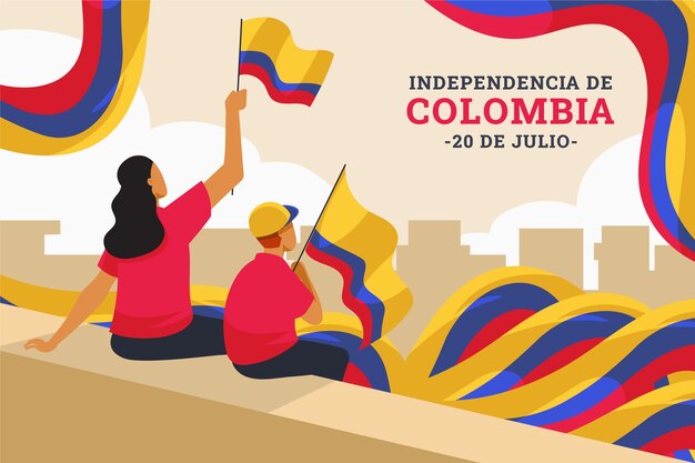 콜롬비아 국기를 들고 사람들과 평면 20 de julio 배경