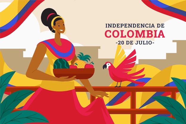 Free vector flat 20 de julio background with woman holding fruits and bird