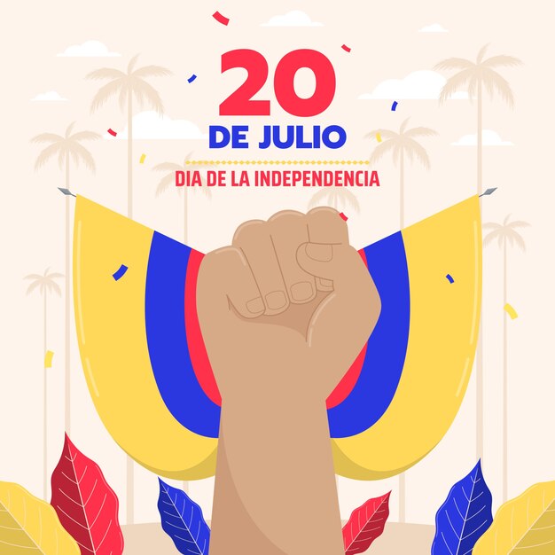 Flat 20 de julio illustration with flag and fist