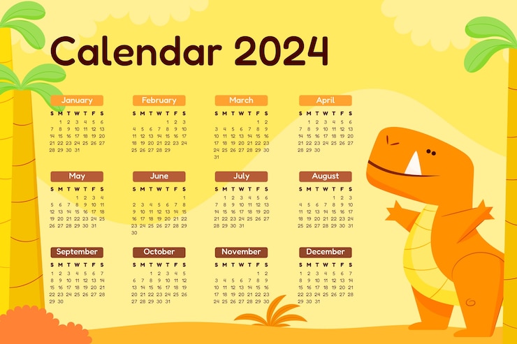 무료 Vector 공룡이 있는 플랫 2024 달력 템플릿