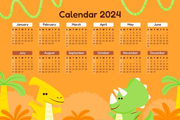 Flat 2024 calendar template with dinosaurs