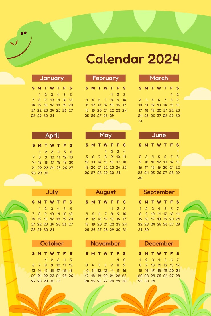 무료 Vector 공룡이 있는 플랫 2024 달력 템플릿