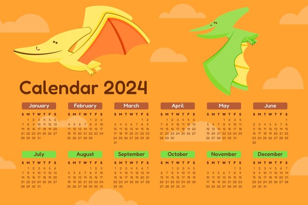Flat 2024 calendar template with dinosaurs