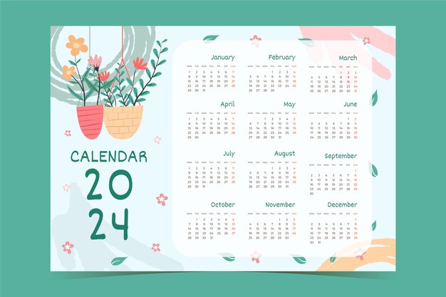 Flat 2024 calendar template with flowers