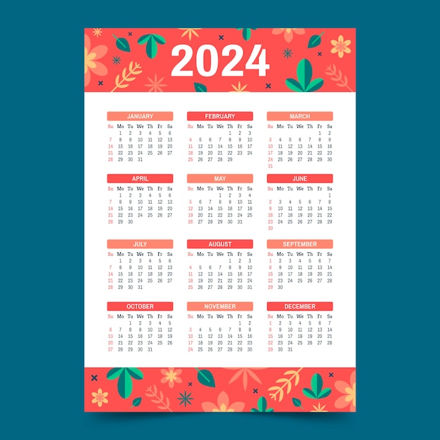 Vettore gratuito modello di calendario piatto 2024 con foglie e fiori