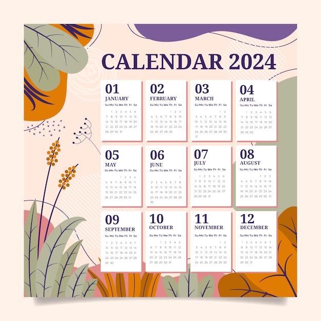 Flat 2024 calendar template with leaves