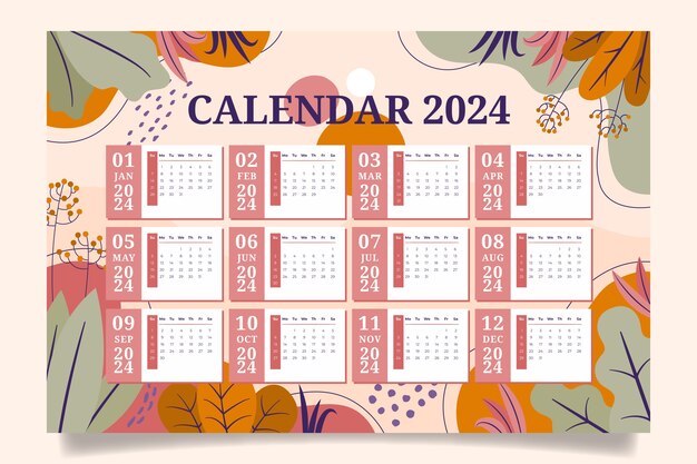 Flat 2024 calendar template with leaves