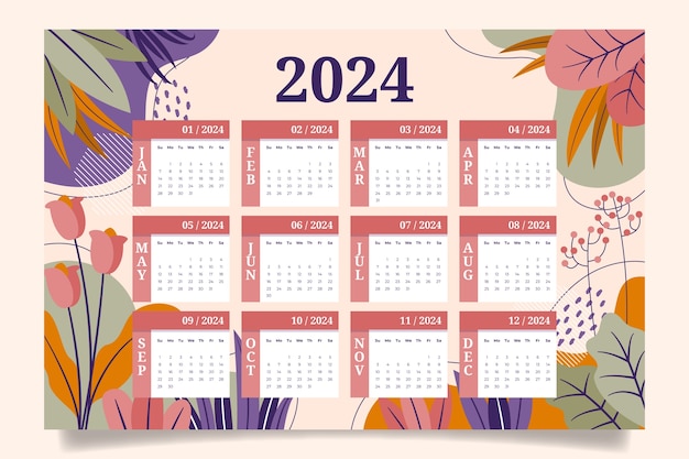 Flat 2024 calendar template with leaves