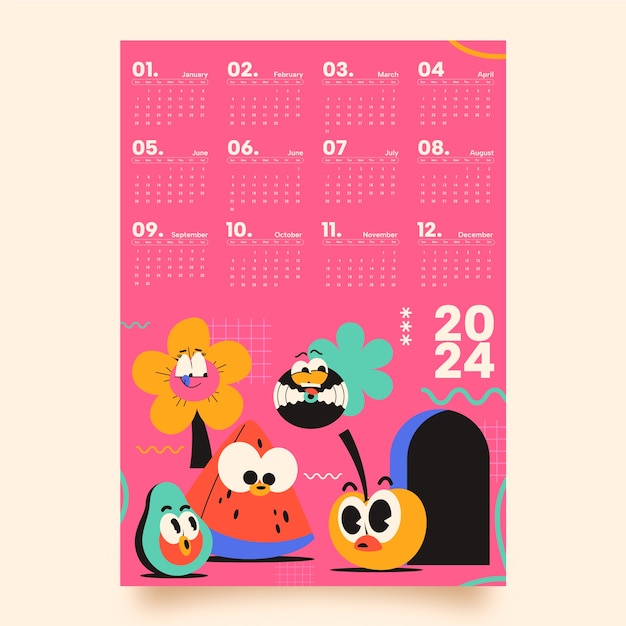 Free vector flat 2024 calendar template