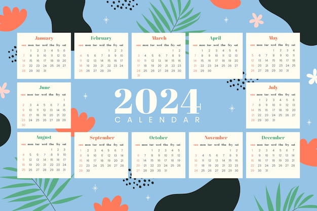 Vettore gratuito modello di calendario piatto per il 2024