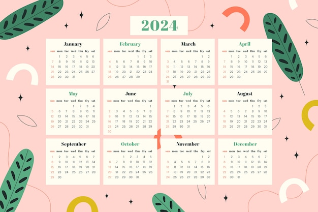 Vettore gratuito modello di calendario piatto per il 2024