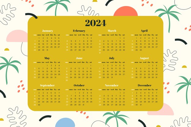 Vettore gratuito modello di calendario piatto per il 2024