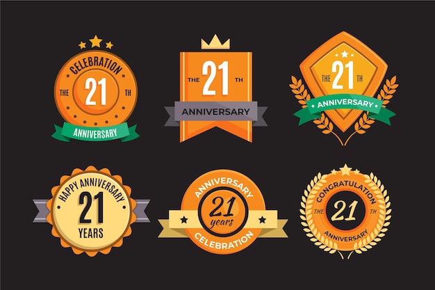 Vettore gratuito collezione di badge piatto 21 anniversario