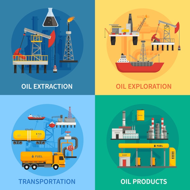 Бесплатное векторное изображение Плоские 2x2 изображения, представляющие нефть, бензин, промышленность, разведка нефти, добыча, транспортировка, продукты ve.