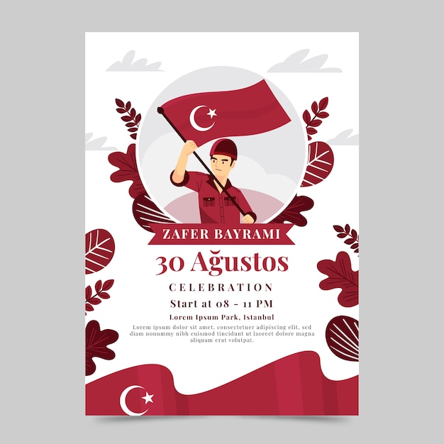 Free vector flat 30 agustos poster template with soldier holding flag