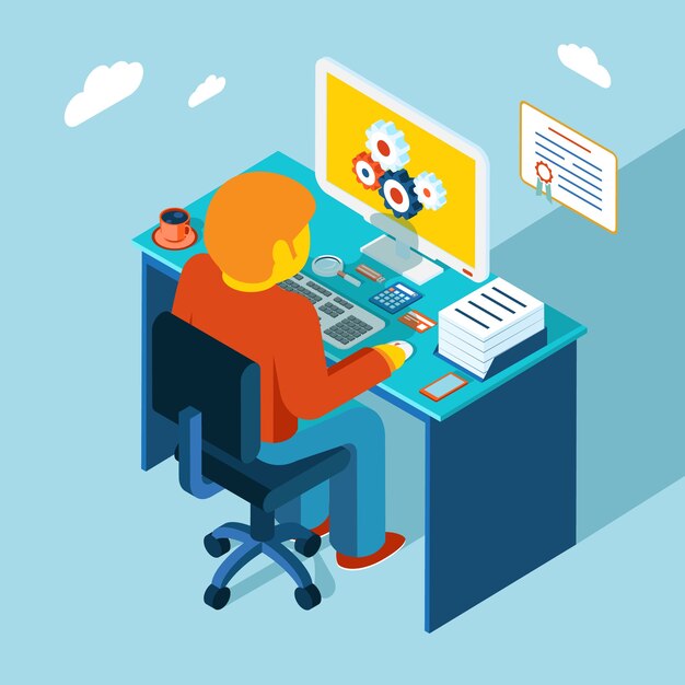 Flat 3d isometric design. Man sits in the workplace and working at a computer.