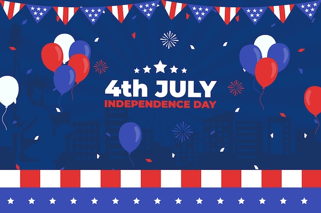 Flat 4th of july background with balloons and confetti