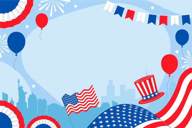 Flat 4th of july background with balloons and hat