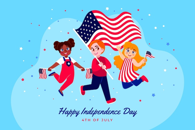 Free vector flat 4th of july background with kids and flag