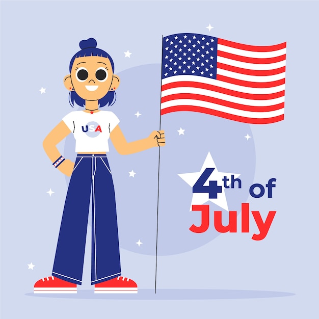Flat 4th of july background with person holding flag