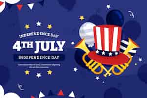 Free vector flat 4th of july background with trumpets and hat