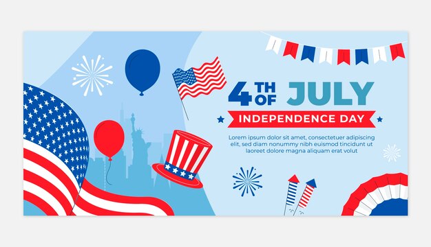 Flat 4th of july horizontal banner template with balloons and flag