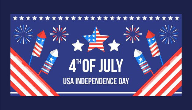 Flat 4th of july horizontal banner template with fireworks and stars