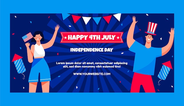 Flat 4th of july horizontal banner template with people celebrating