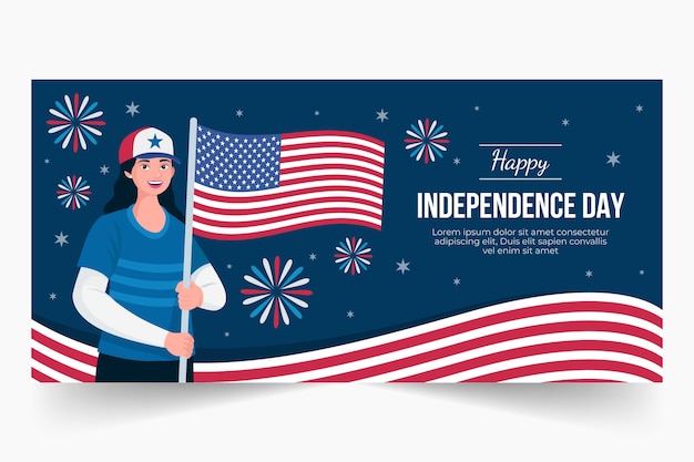 Flat 4th of july horizontal banner template with person holding flag