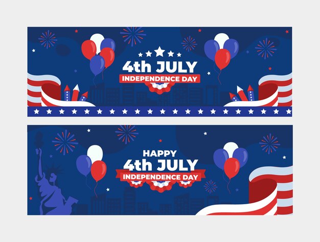 Free vector flat 4th of july horizontal banners set with balloons and fireworks