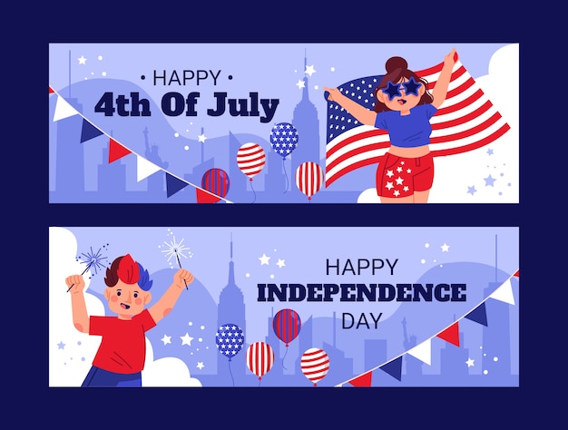 Free vector flat 4th of july horizontal banners set with people and ballons