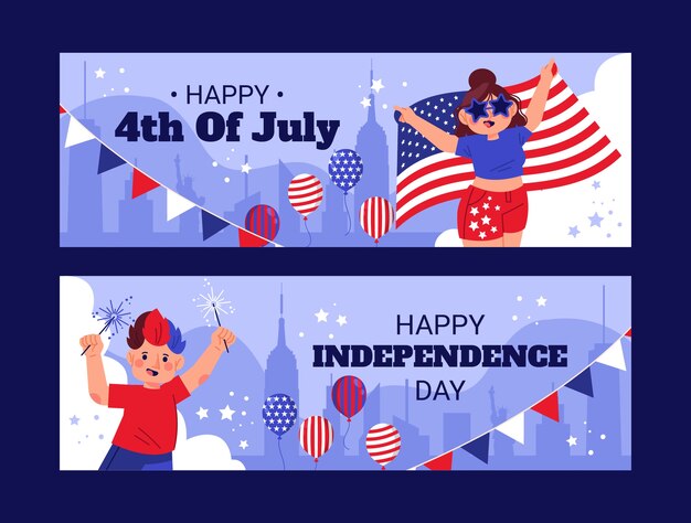 flat 4th of july horizontal banners set with people and ballons