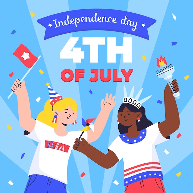 Плоская иллюстрация 4 июля с людьми, празднующими