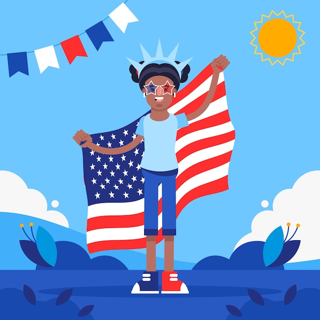 미국 국기를 들고 있는 사람이 있는 7월 4일의 평평한 삽화