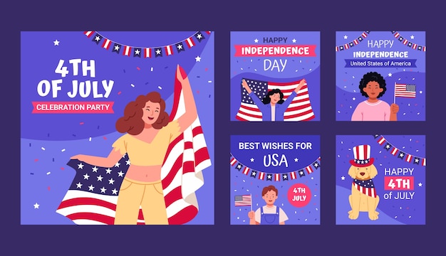 Free vector flat 4th of july instagram posts collection