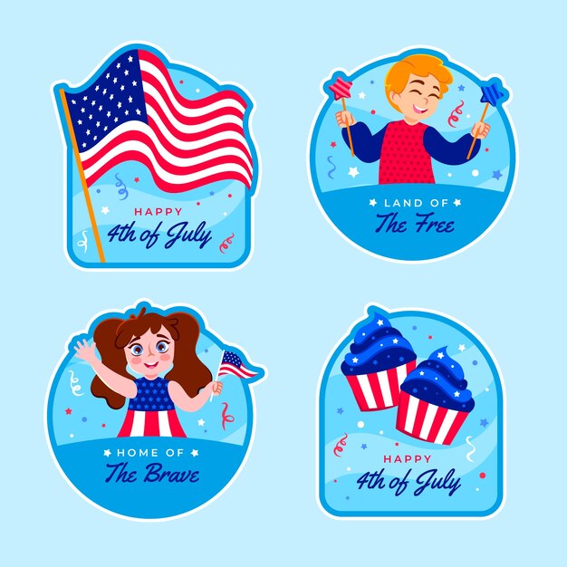 Flat 4th of july logos and labels collection