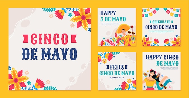 Free vector flat 5 de mayo instagram posts collection