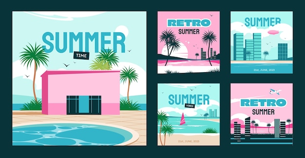 Free vector flat 80's summer instagram posts collection