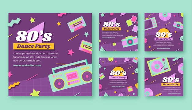 Free vector flat 80's themed party instagram posts collection